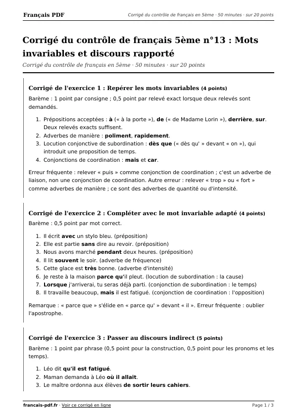 Corrigé du contrôle de français 5ème n°13 en PDF