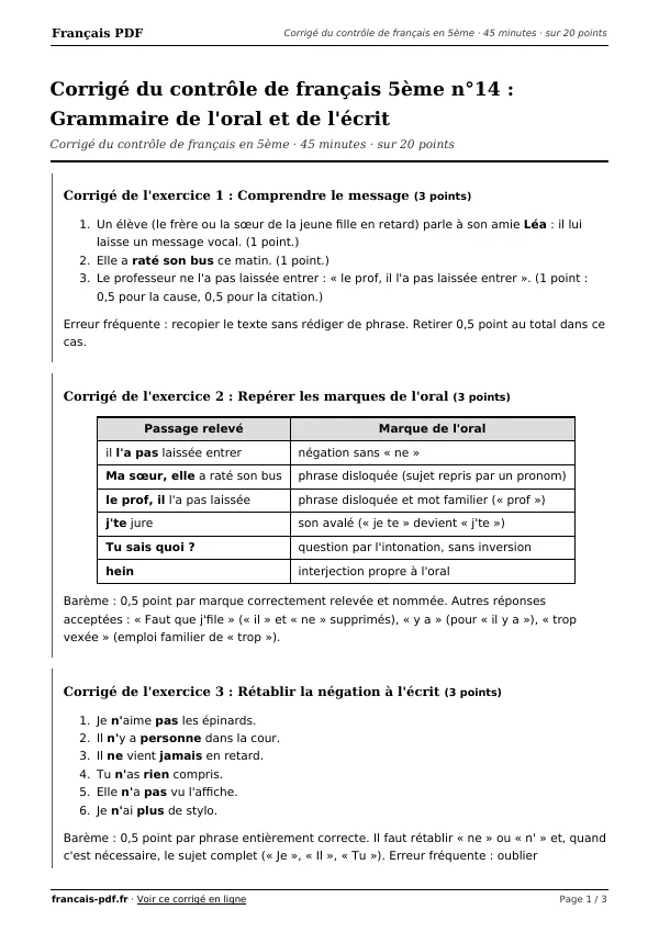 Corrigé du contrôle de français 5ème n°14 en PDF