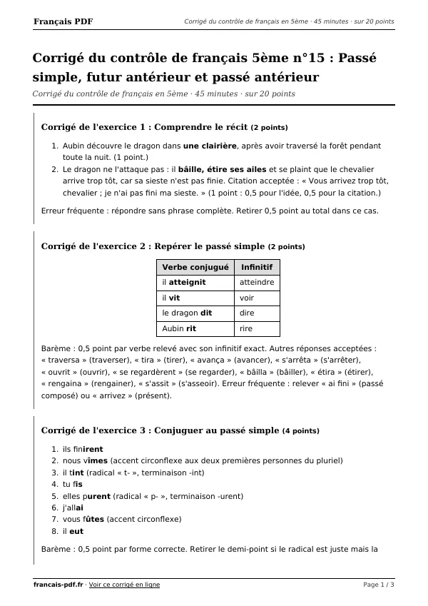 Corrigé du contrôle de français 5ème n°15 en PDF