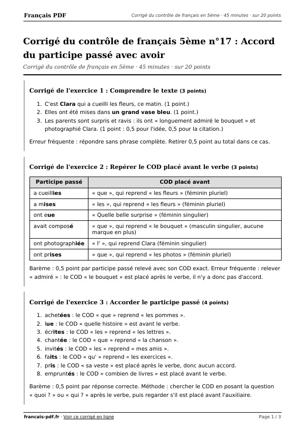 Corrigé du contrôle de français 5ème n°17 en PDF