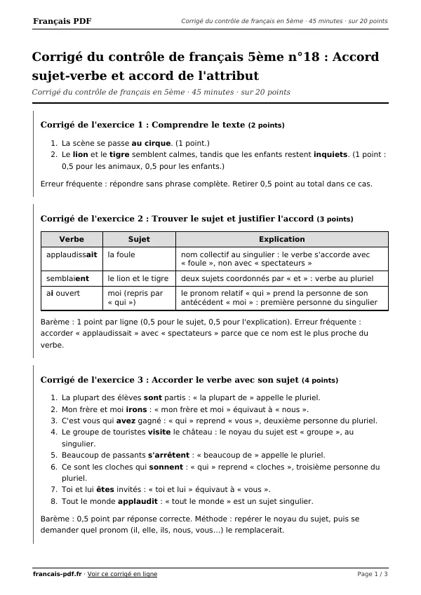 Corrigé du contrôle de français 5ème n°18 en PDF