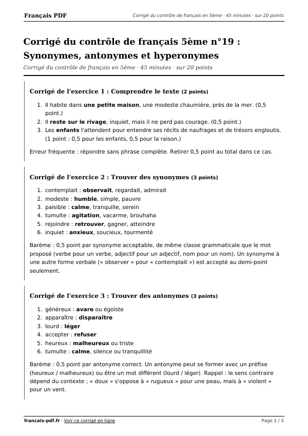 Corrigé du contrôle de français 5ème n°19 en PDF