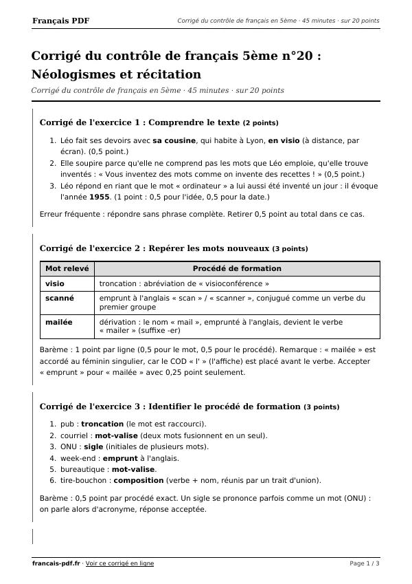 Corrigé du contrôle de français 5ème n°20 en PDF
