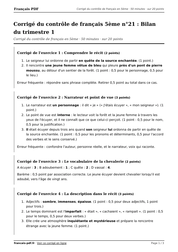 Corrigé du contrôle de français 5ème n°21 en PDF