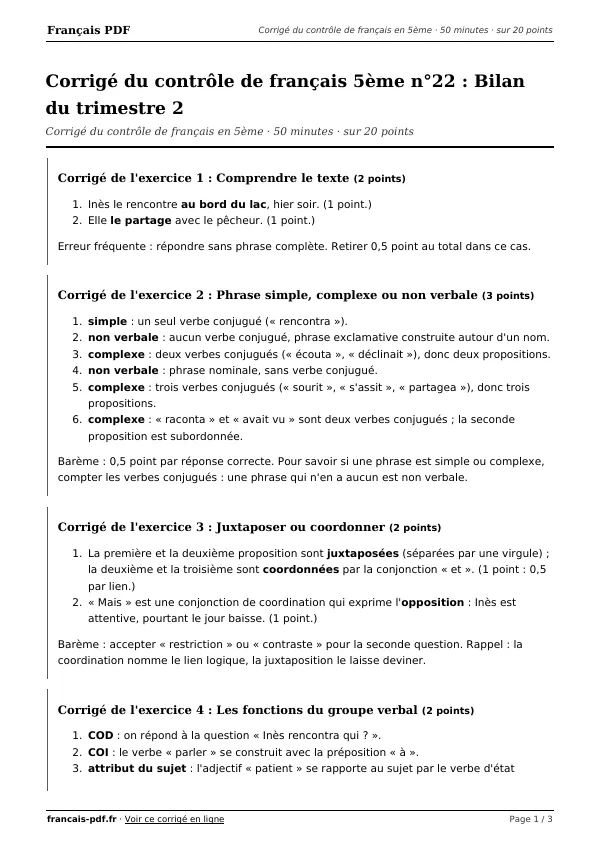 Corrigé du contrôle de français 5ème n°22 en PDF