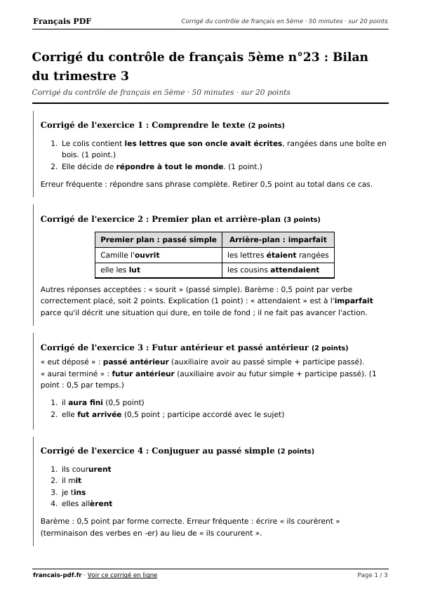 Corrigé du contrôle de français 5ème n°23 en PDF