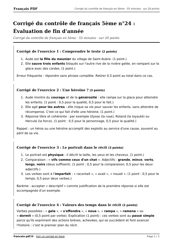 Corrigé du contrôle de français 5ème n°24 en PDF