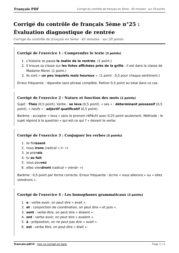 Corrigé du contrôle de français 5ème n°25 en PDF