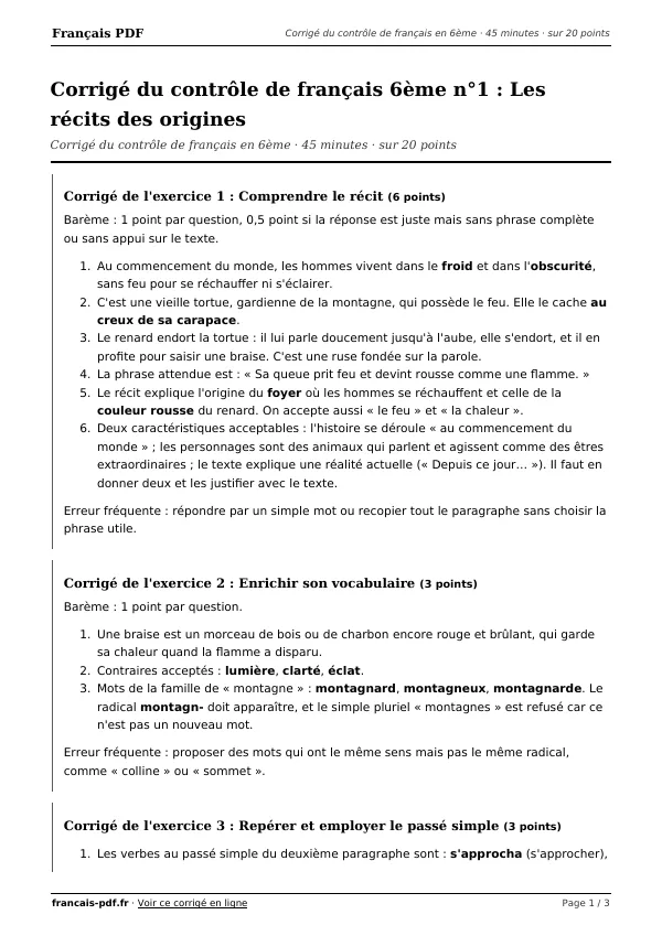 Corrigé du contrôle de français 6ème n°1 en PDF