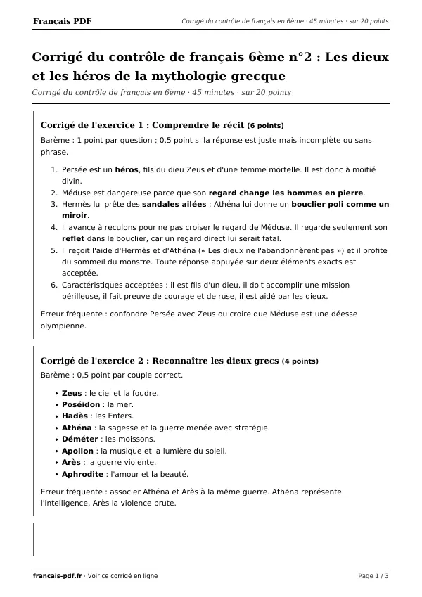 Corrigé du contrôle de français 6ème n°2 en PDF