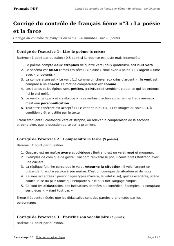 Corrigé du contrôle de français 6ème n°3 en PDF