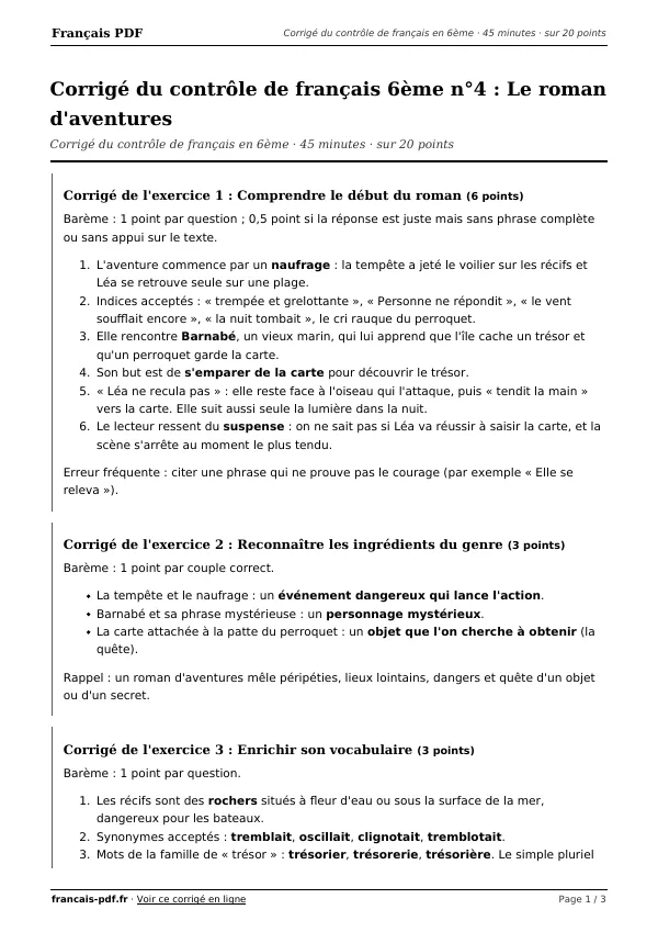 Corrigé du contrôle de français 6ème n°4 en PDF
