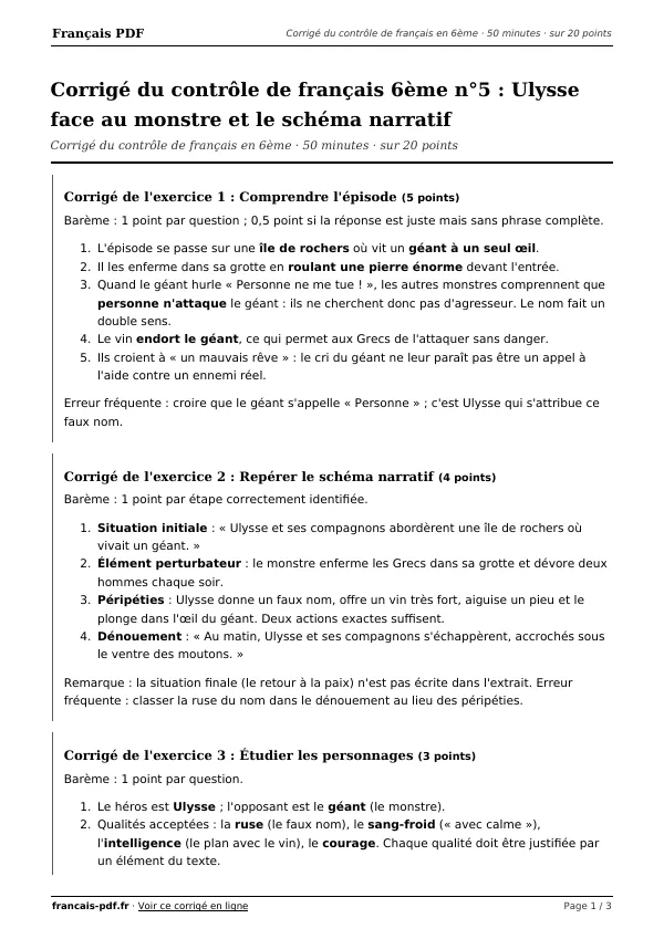 Corrigé du contrôle de français 6ème n°5 en PDF