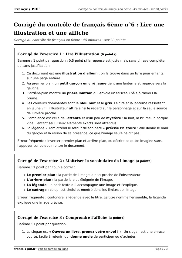 Corrigé du contrôle de français 6ème n°6 en PDF