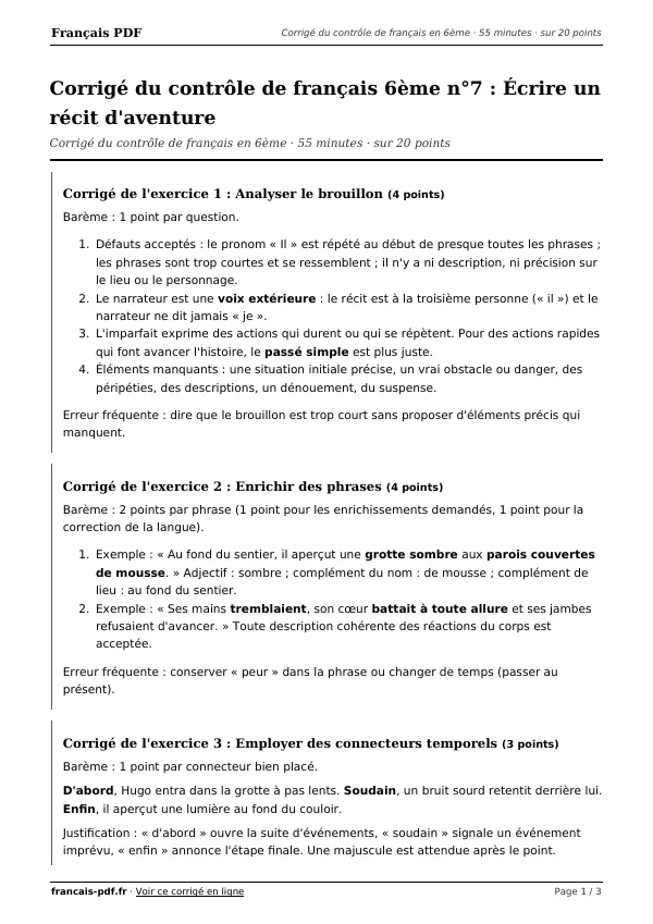 Corrigé du contrôle de français 6ème n°7 en PDF