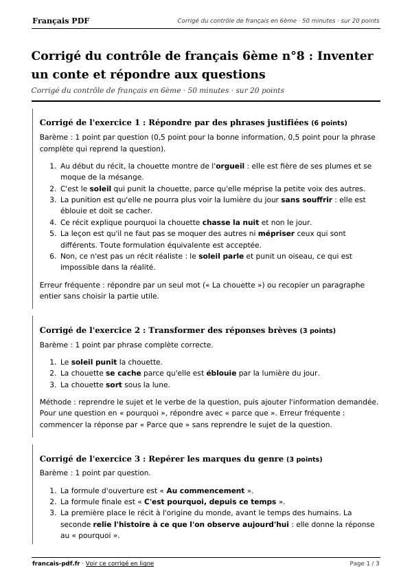 Corrigé du contrôle de français 6ème n°8 en PDF
