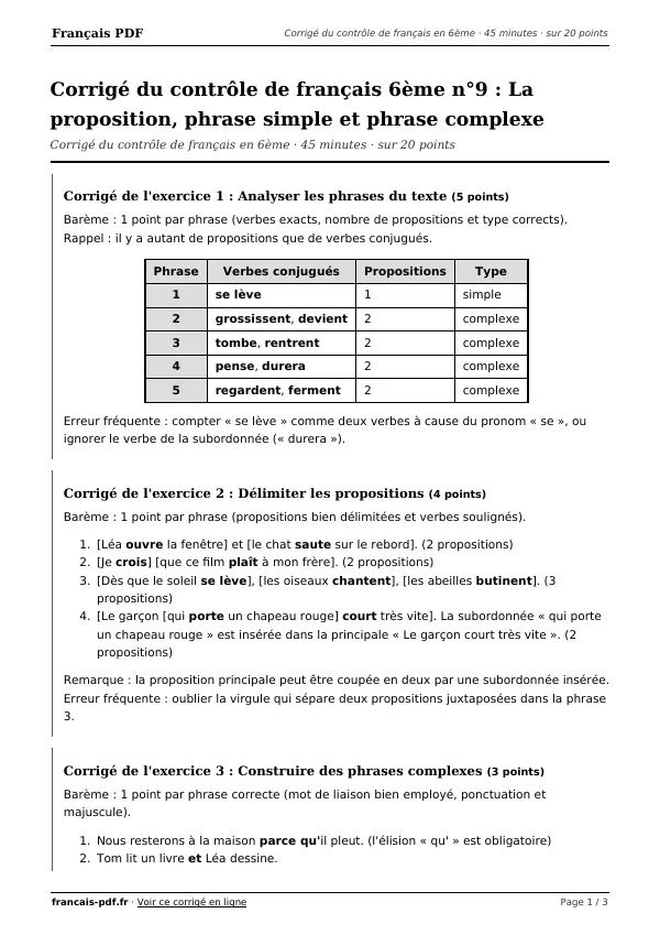 Corrigé du contrôle de français 6ème n°9 en PDF
