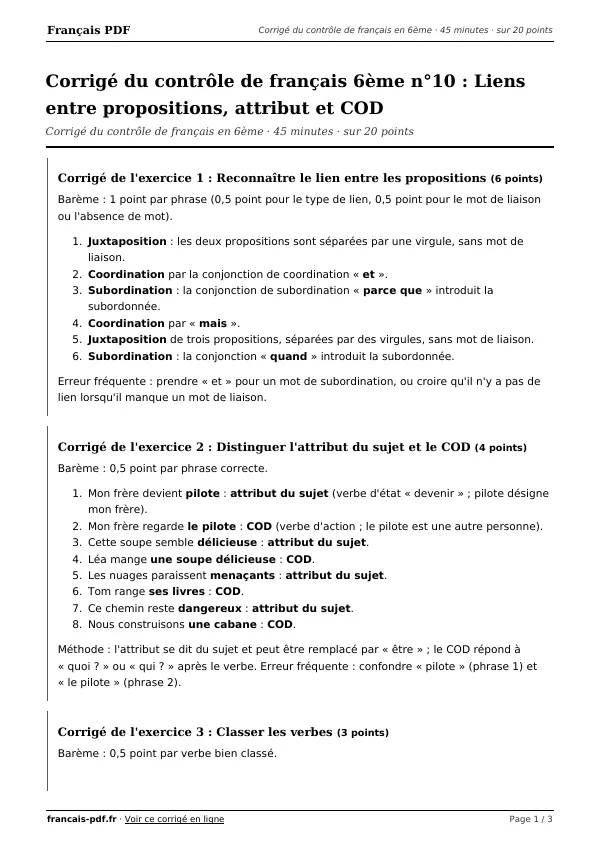 Corrigé du contrôle de français 6ème n°10 en PDF