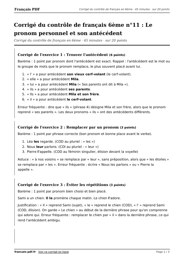Corrigé du contrôle de français 6ème n°11 en PDF