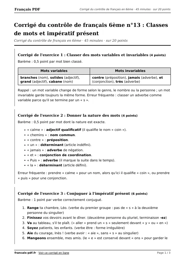 Corrigé du contrôle de français 6ème n°13 en PDF