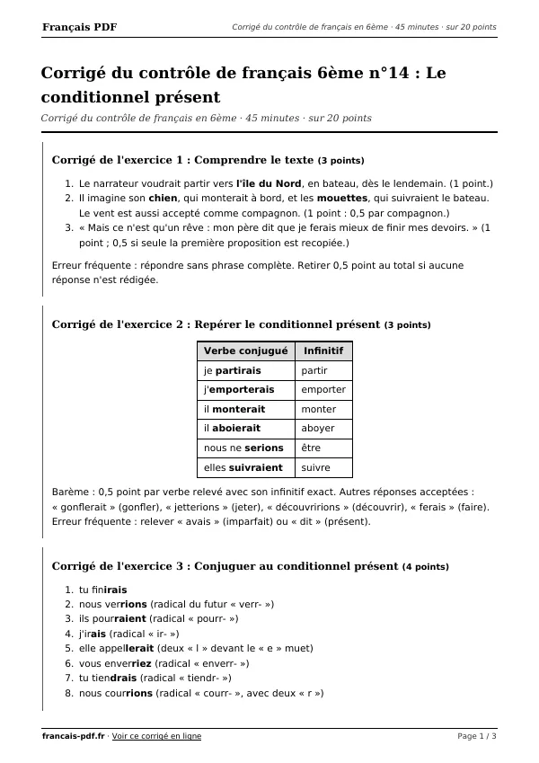 Corrigé du contrôle de français 6ème n°14 en PDF