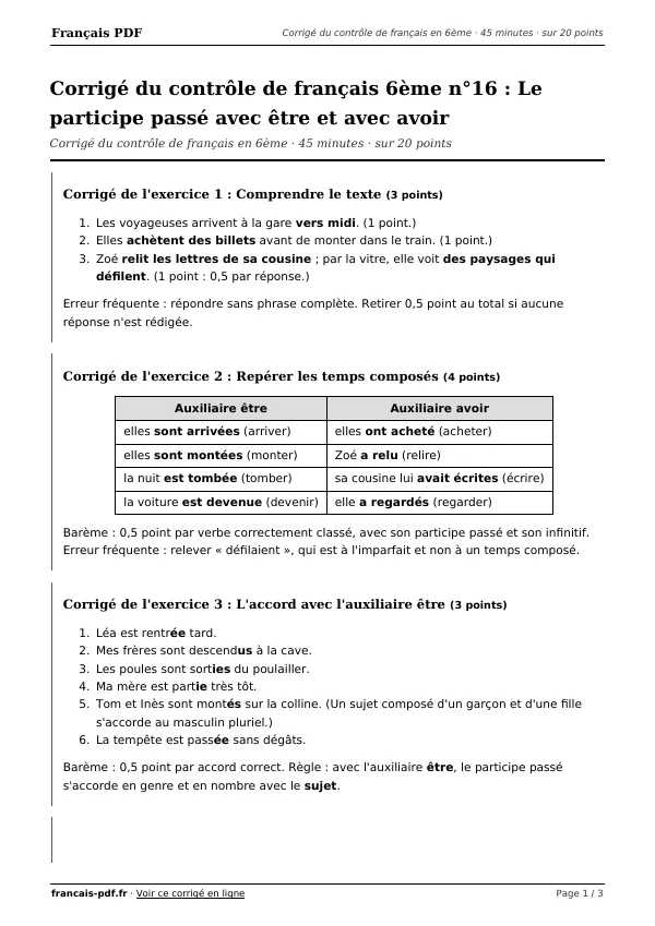 Corrigé du contrôle de français 6ème n°16 en PDF