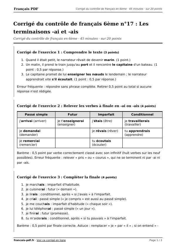 Corrigé du contrôle de français 6ème n°17 en PDF