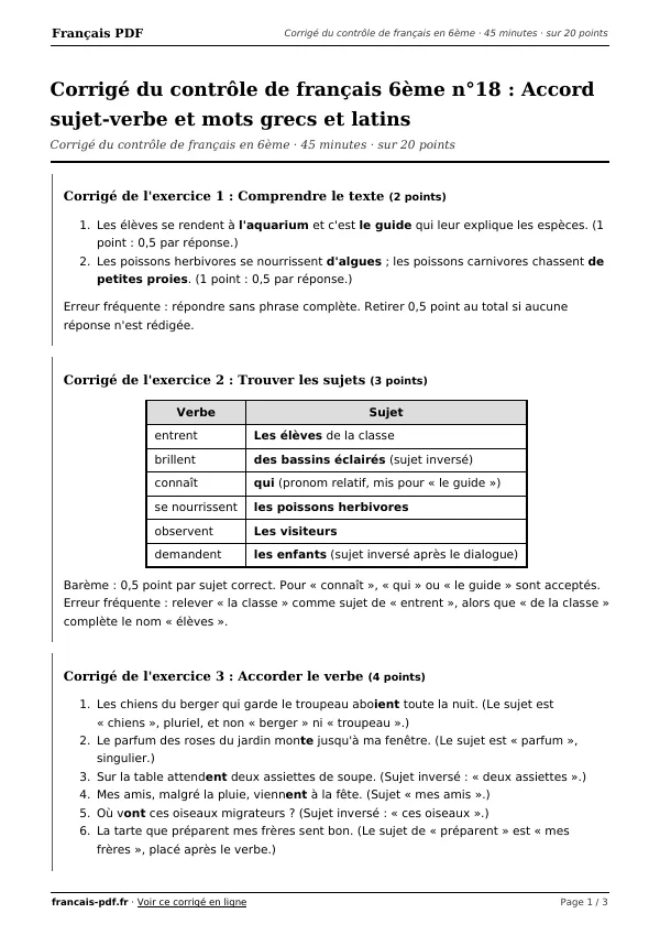 Corrigé du contrôle de français 6ème n°18 en PDF