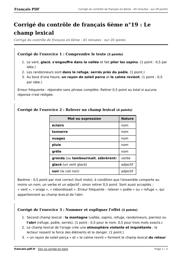 Corrigé du contrôle de français 6ème n°19 en PDF