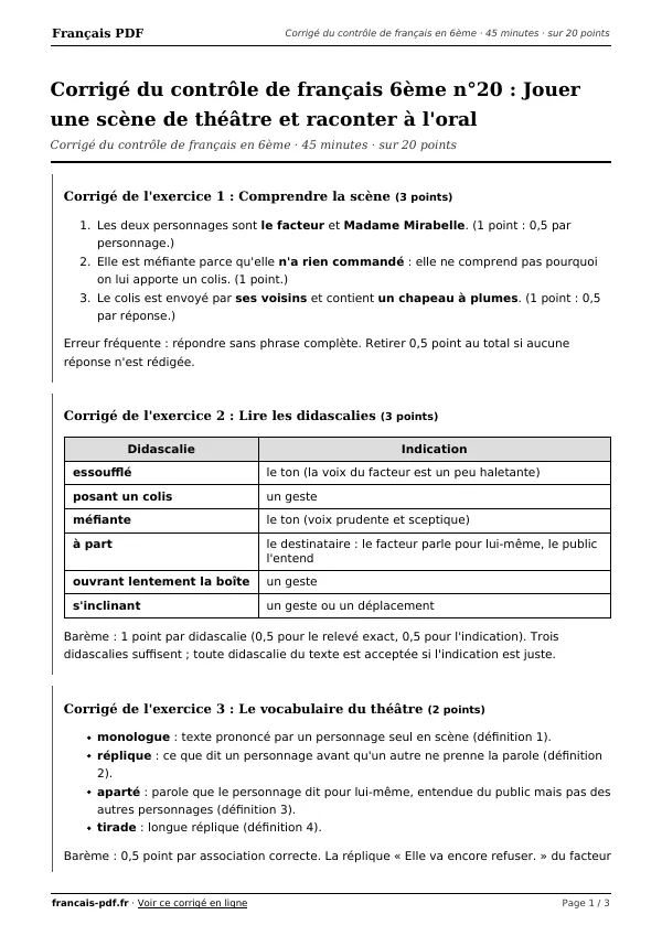 Corrigé du contrôle de français 6ème n°20 en PDF