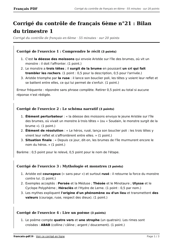 Corrigé du contrôle de français 6ème n°21 en PDF