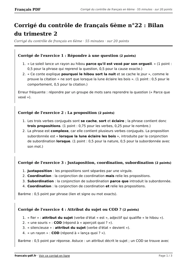 Corrigé du contrôle de français 6ème n°22 en PDF