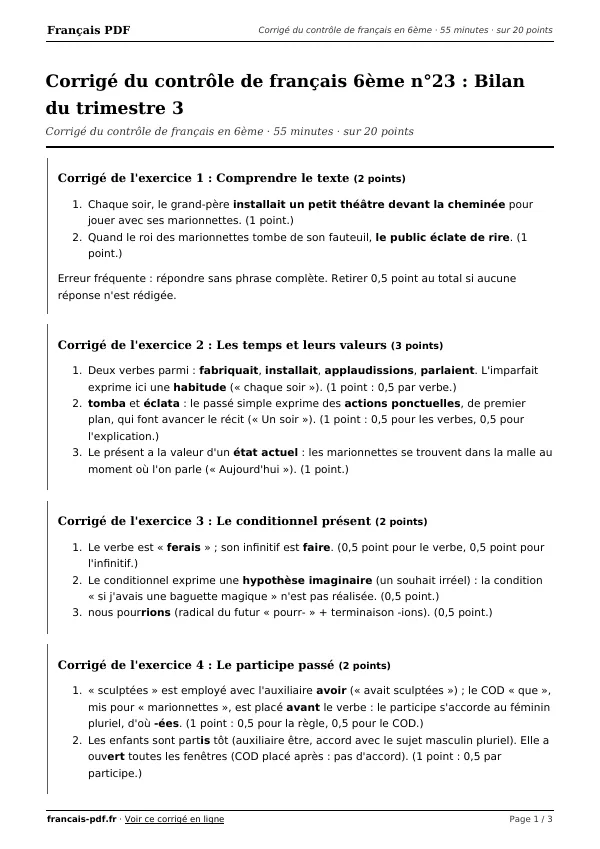 Corrigé du contrôle de français 6ème n°23 en PDF