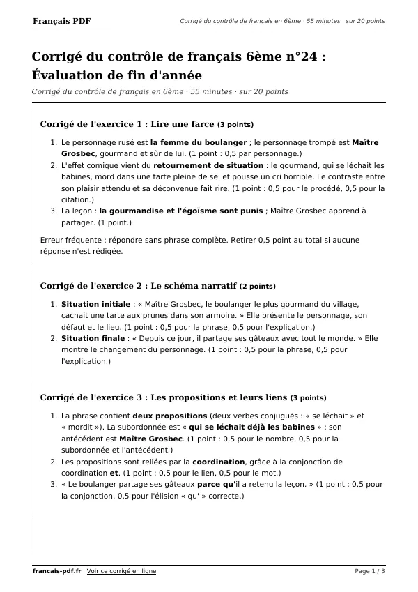 Corrigé du contrôle de français 6ème n°24 en PDF