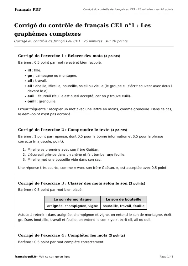 Corrigé du contrôle de français CE1 n°1 en PDF
