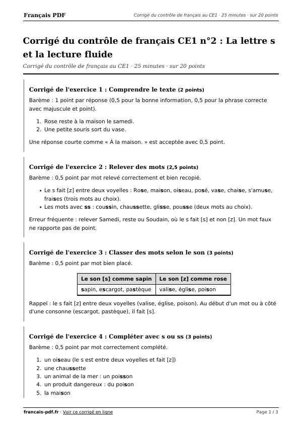 Corrigé du contrôle de français CE1 n°2 en PDF