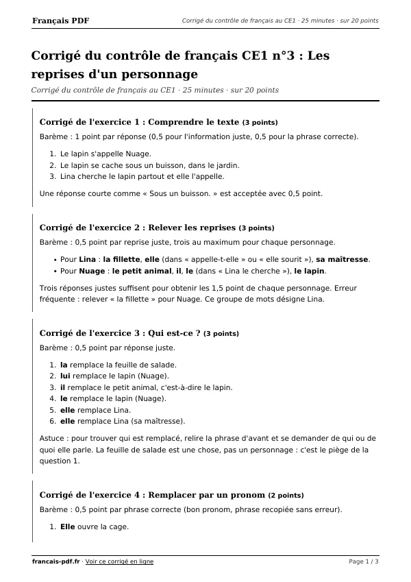 Corrigé du contrôle de français CE1 n°3 en PDF