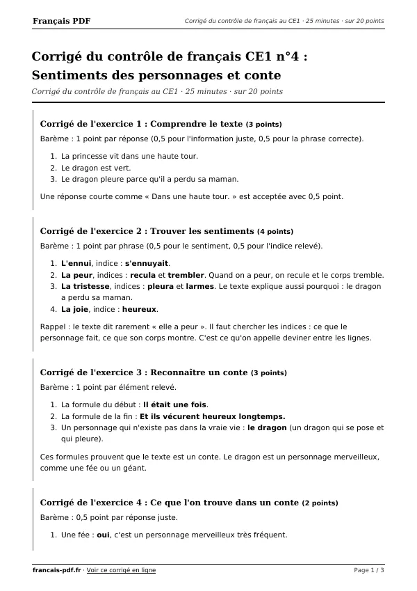 Corrigé du contrôle de français CE1 n°4 en PDF