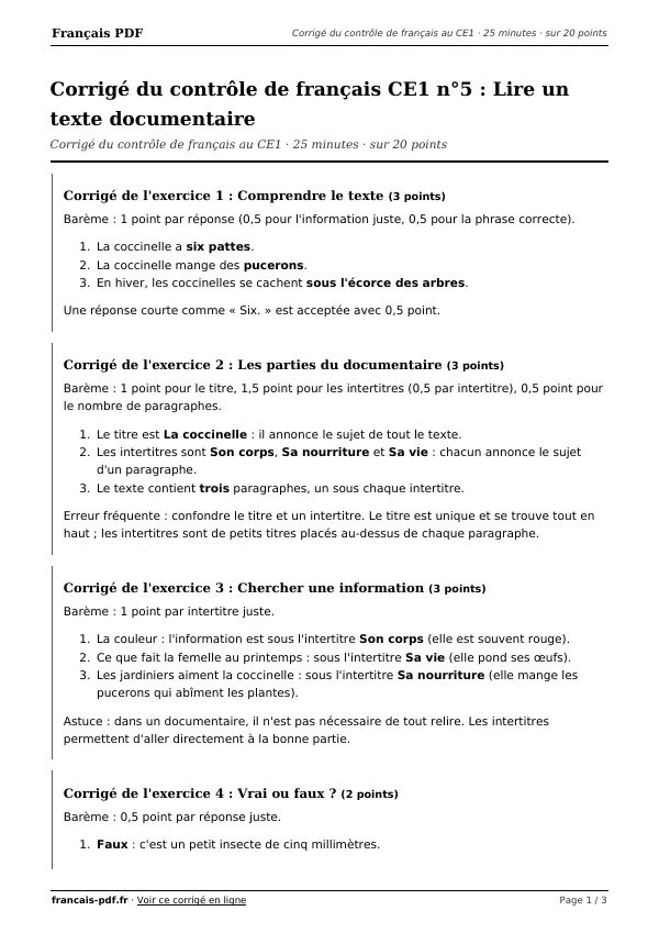 Corrigé du contrôle de français CE1 n°5 en PDF