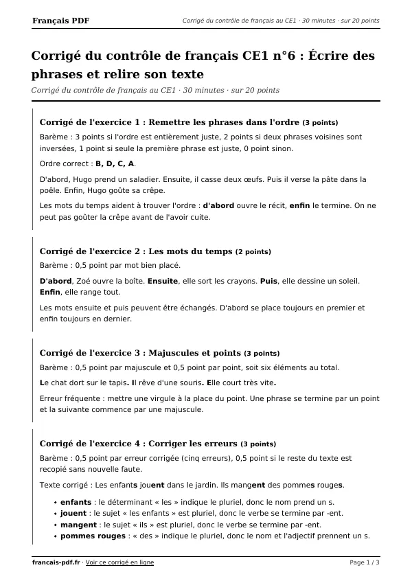 Corrigé du contrôle de français CE1 n°6 en PDF