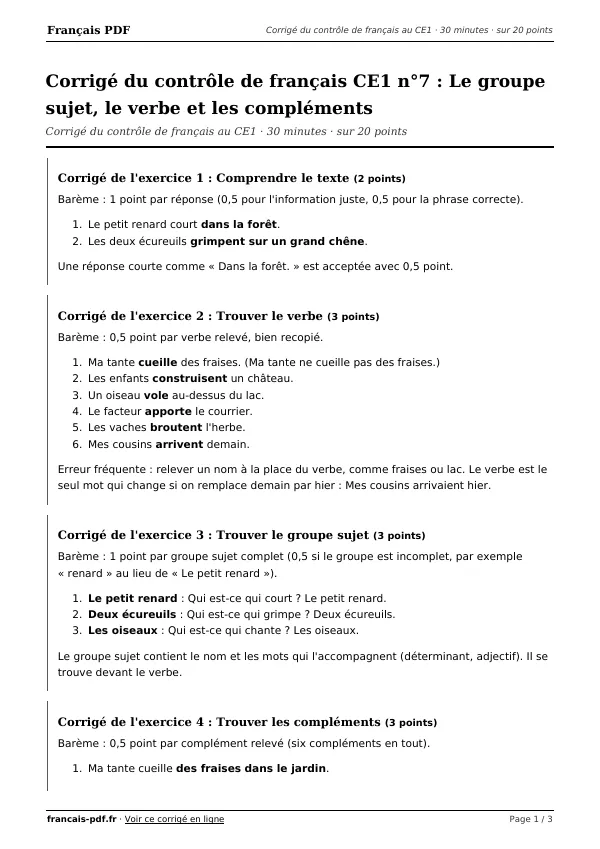 Corrigé du contrôle de français CE1 n°7 en PDF