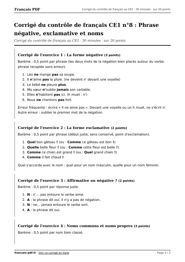 Corrigé du contrôle de français CE1 n°8 en PDF