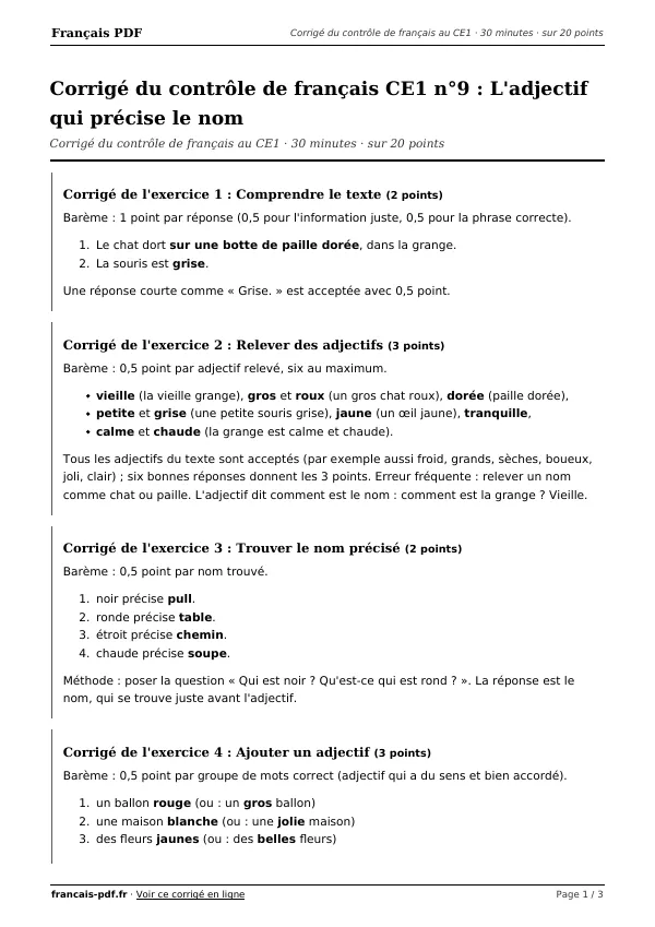 Corrigé du contrôle de français CE1 n°9 en PDF