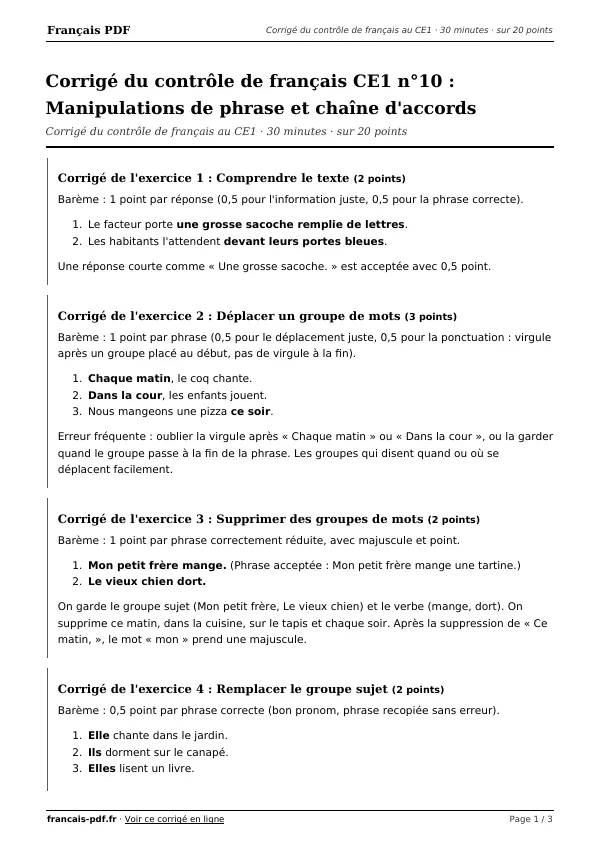 Corrigé du contrôle de français CE1 n°10 en PDF