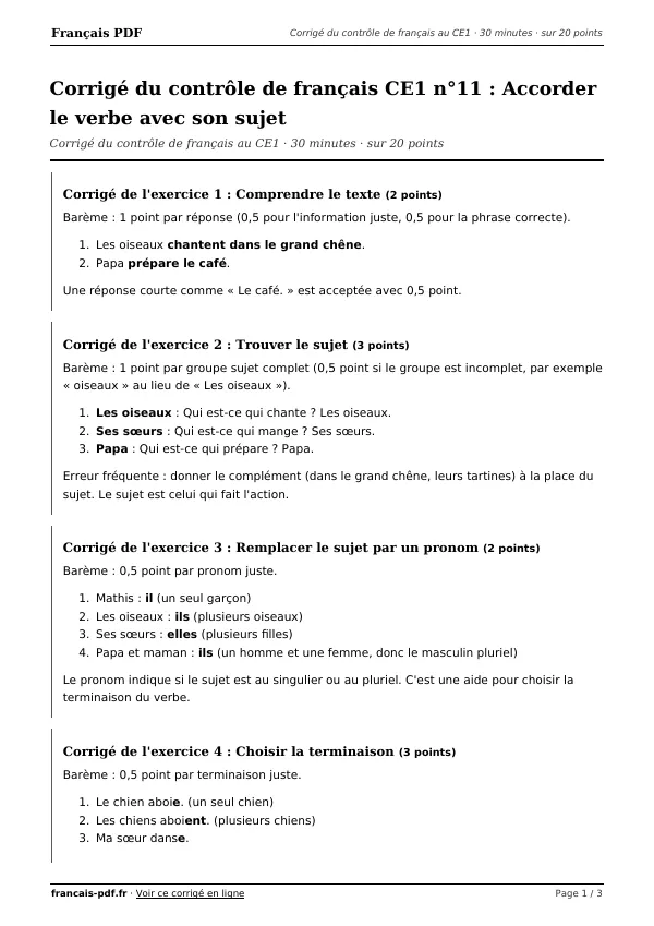 Corrigé du contrôle de français CE1 n°11 en PDF