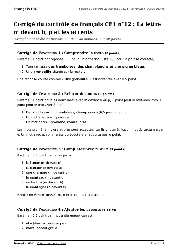 Corrigé du contrôle de français CE1 n°12 en PDF