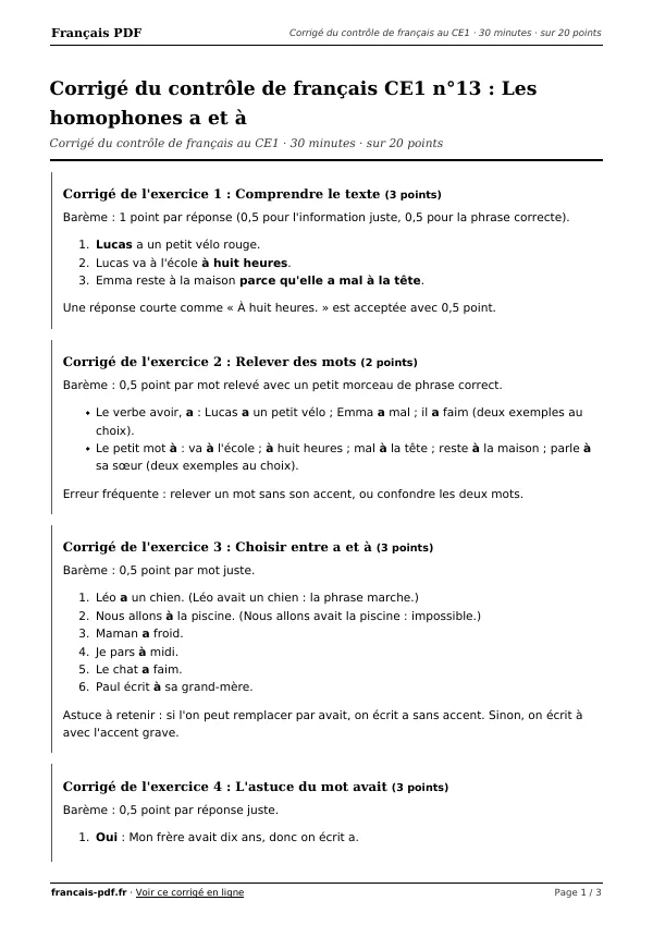 Corrigé du contrôle de français CE1 n°13 en PDF