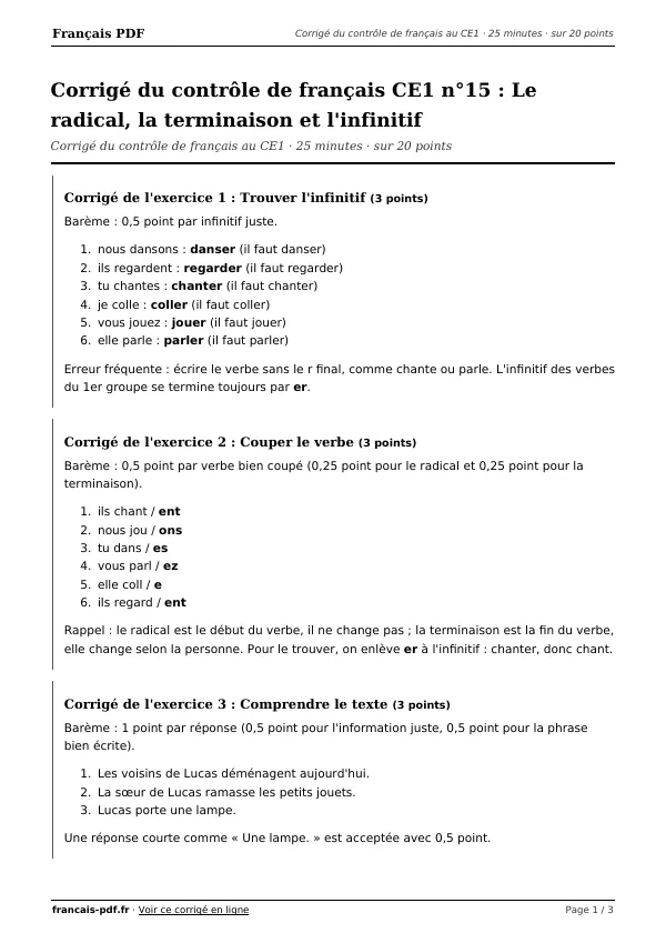 Corrigé du contrôle de français CE1 n°15 en PDF