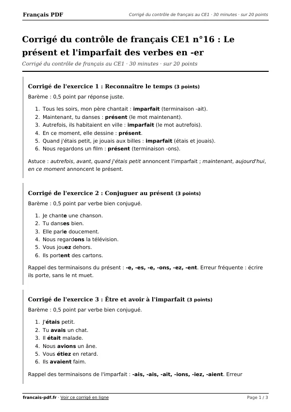 Corrigé du contrôle de français CE1 n°16 en PDF