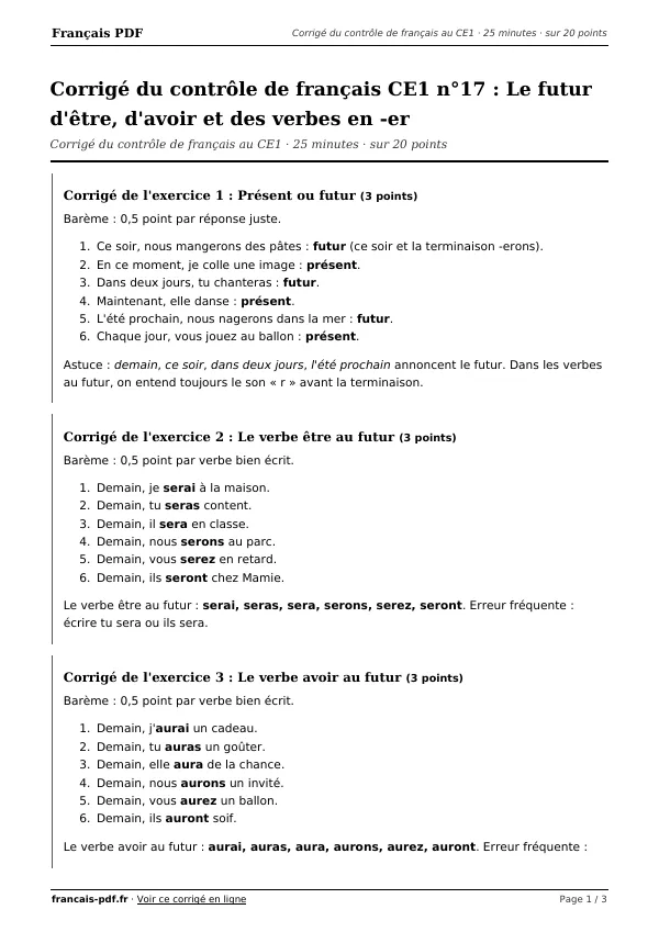 Corrigé du contrôle de français CE1 n°17 en PDF